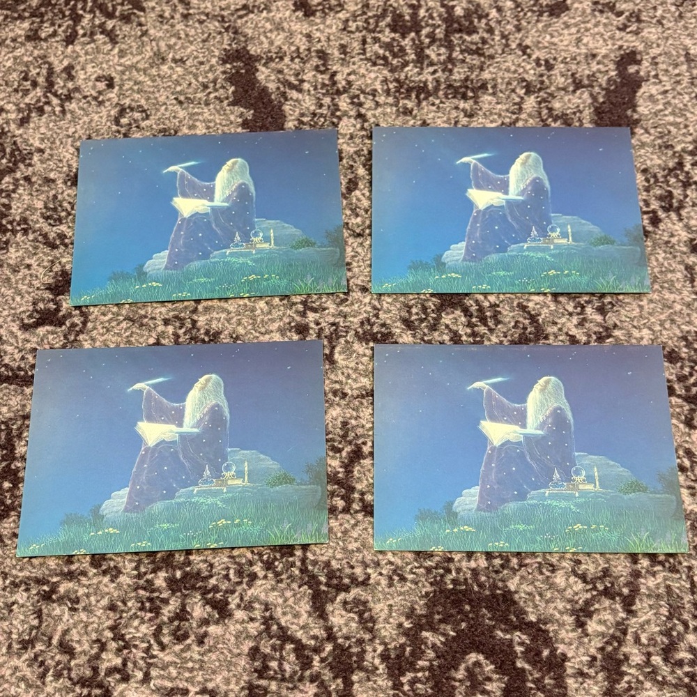 Vintage Set of 4p Blue & Green Art Prints The Old Man by Gilbert Williams Retro